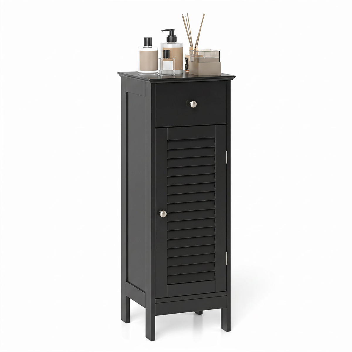 Narrow Bathroom Storage Cabinet with Adjustable Shelf and Drawer-Black view 4