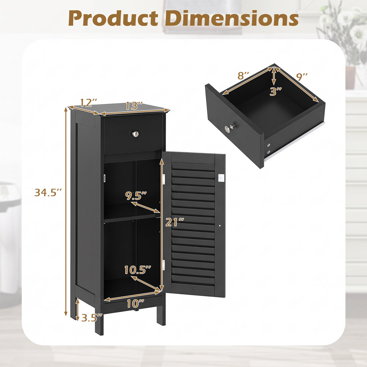 Narrow Bathroom Storage Cabinet with Adjustable Shelf and Drawer-Black view 5