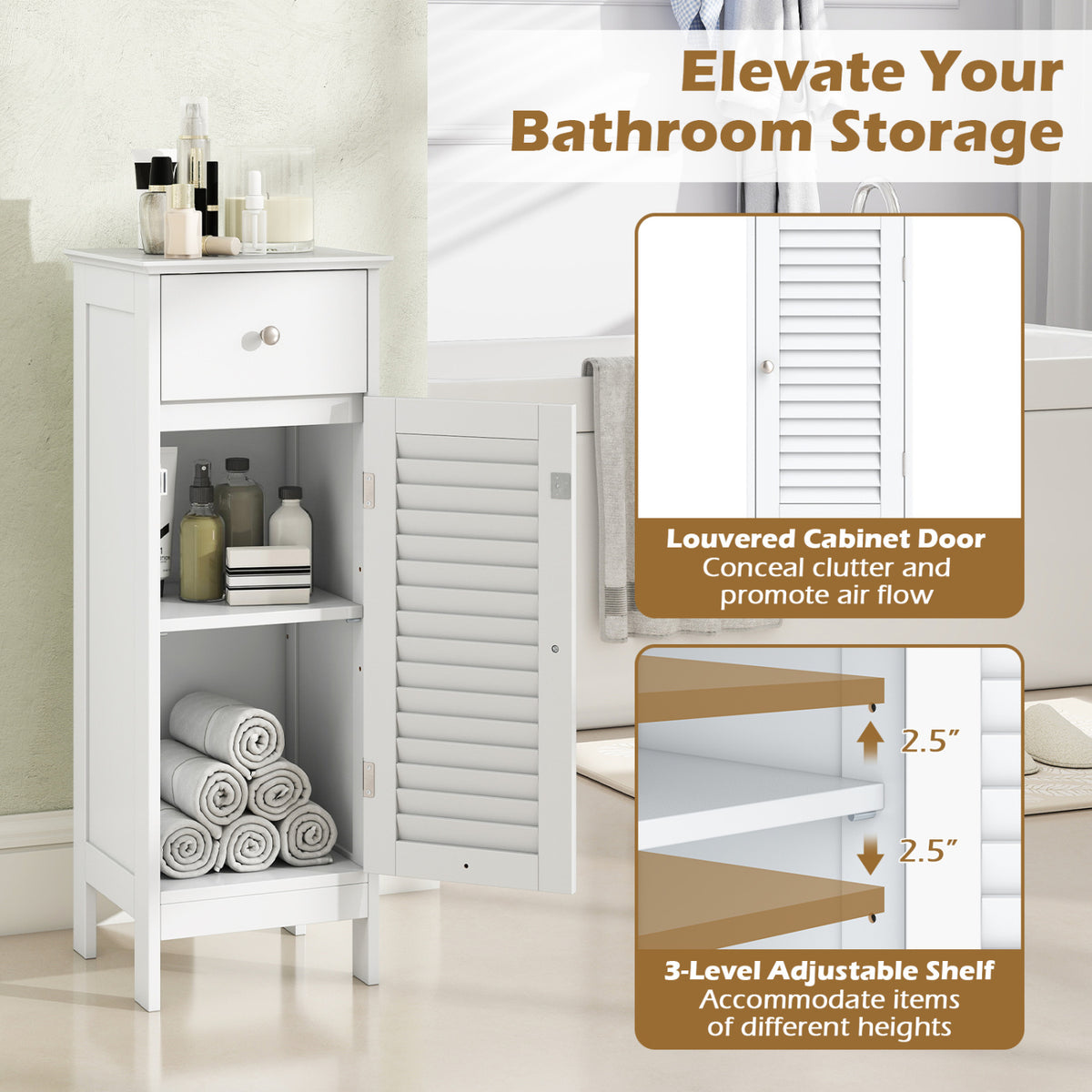 Narrow Bathroom Storage Cabinet with Adjustable Shelf and Drawer-White view 7