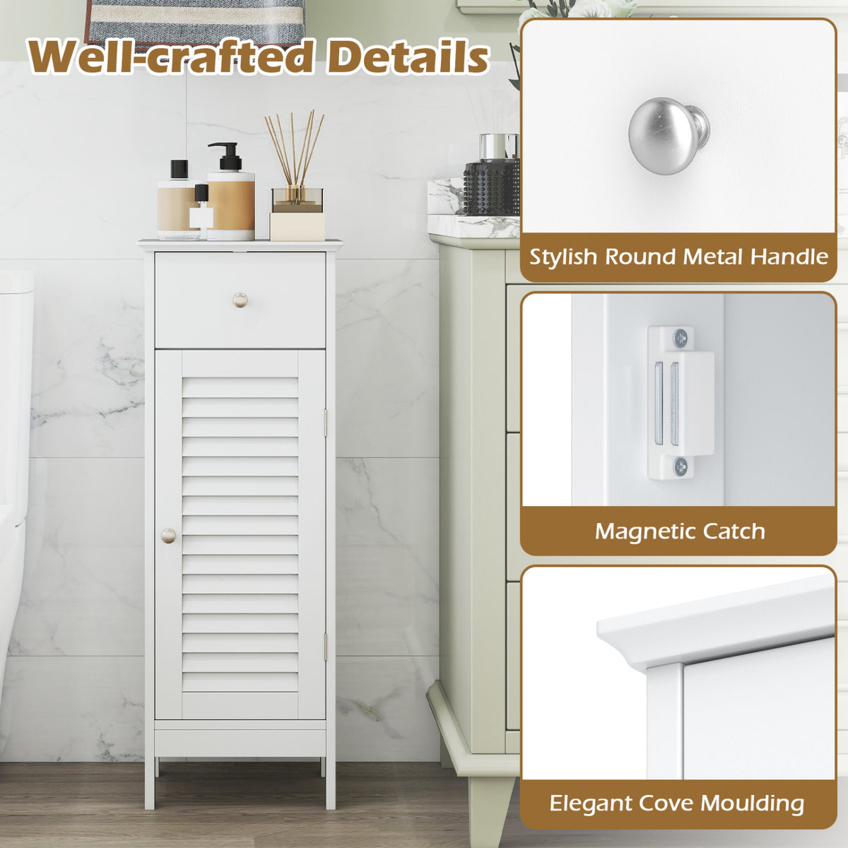 Narrow Bathroom Storage Cabinet with Adjustable Shelf and Drawer-White view 8