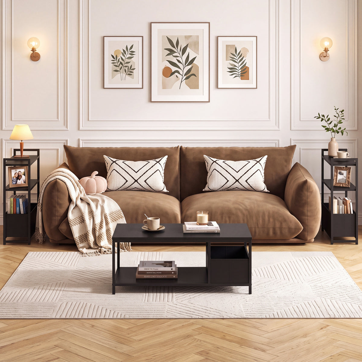 Narrow End Table with Storage Shelves and Metal Frame-Black view 7