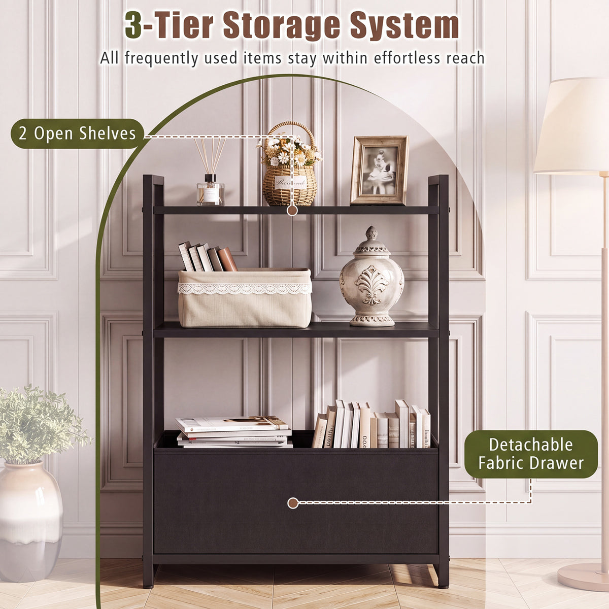 Narrow End Table with Storage Shelves and Metal Frame-Black view 8