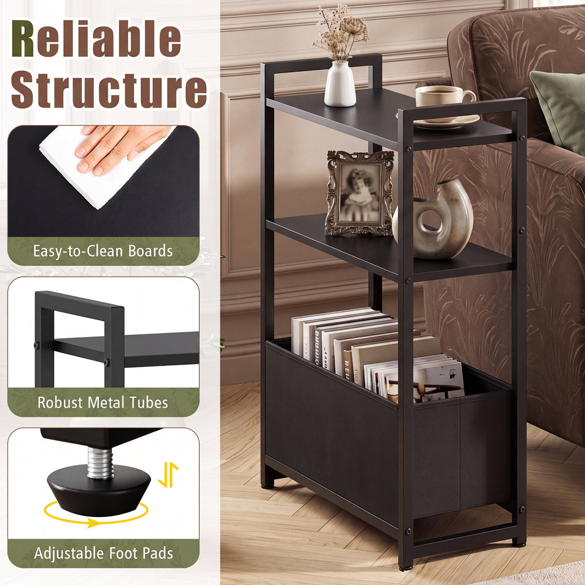 Narrow End Table with Storage Shelves and Metal Frame-Black view 9