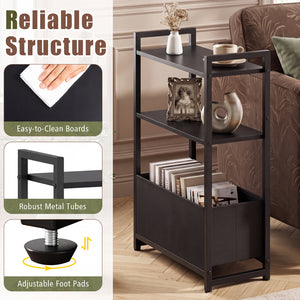 Narrow End Table with Storage Shelves and Metal Frame-Black view 9