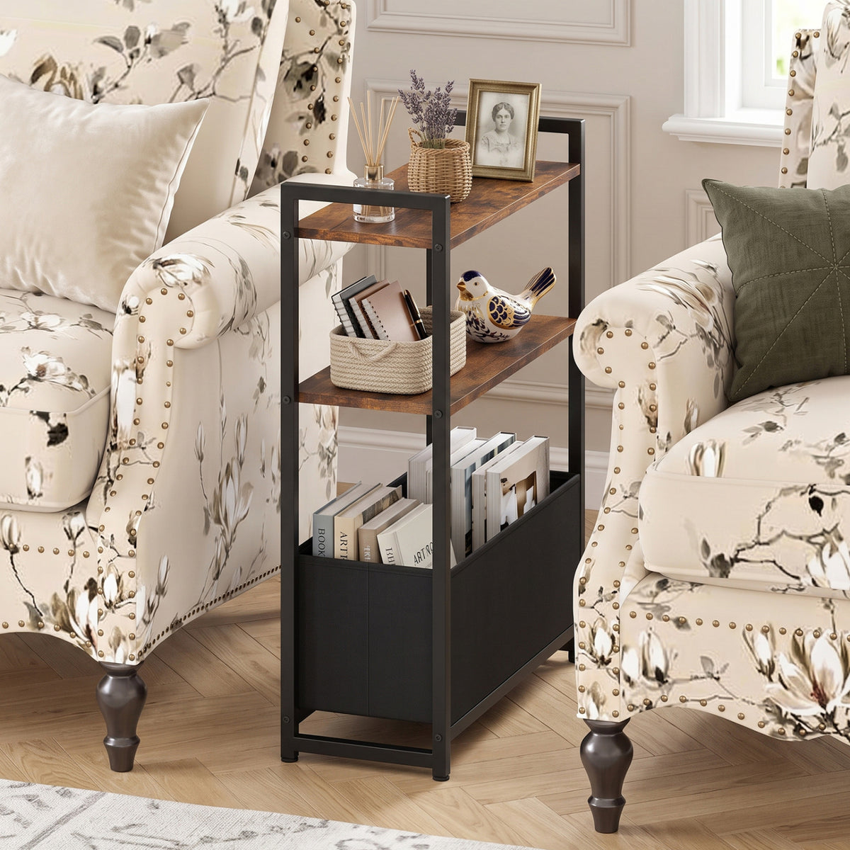 Narrow End Table with Storage Shelves and Metal Frame-Rustic Brown view 2