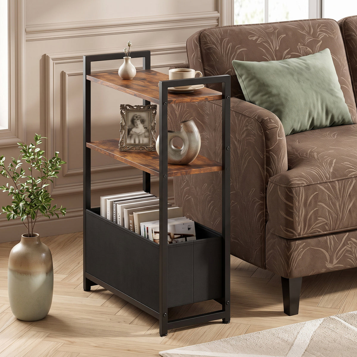 Narrow End Table with Storage Shelves and Metal Frame-Rustic Brown view 3