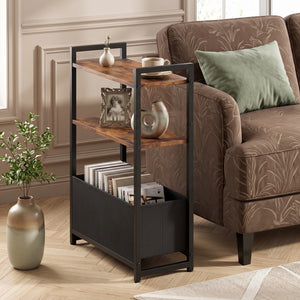 Narrow End Table with Storage Shelves and Metal Frame-Rustic Brown view 3