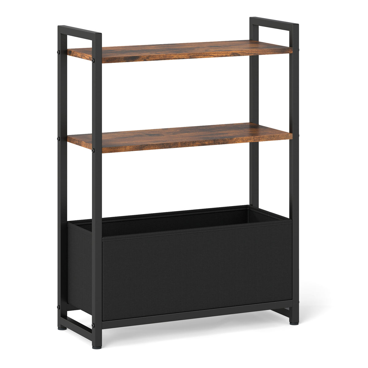 Narrow End Table with Storage Shelves and Metal Frame-Rustic Brown view 4