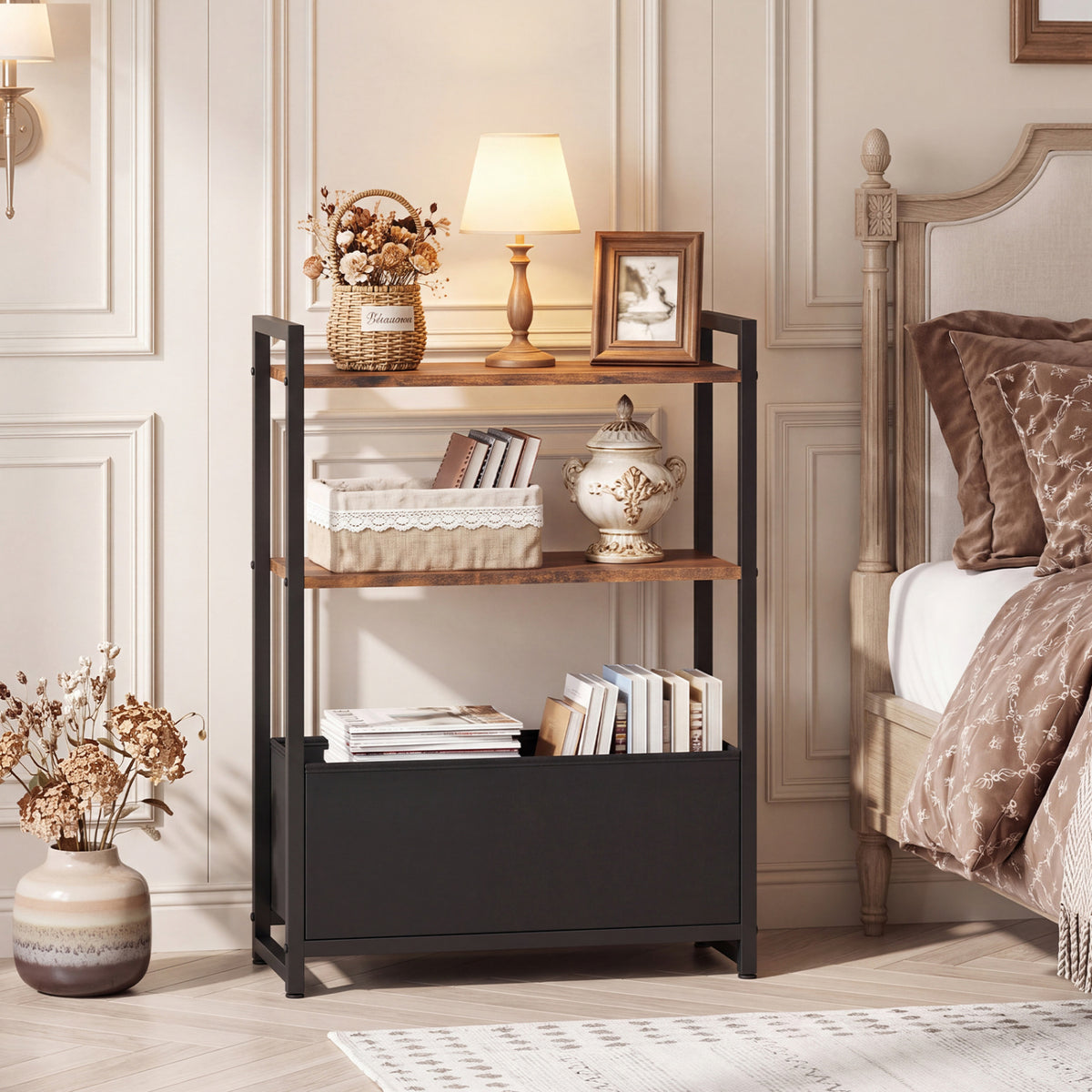 Narrow End Table with Storage Shelves and Metal Frame-Rustic Brown view 6