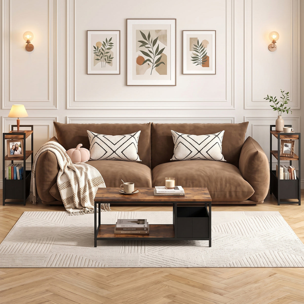 Narrow End Table with Storage Shelves and Metal Frame-Rustic Brown view 7