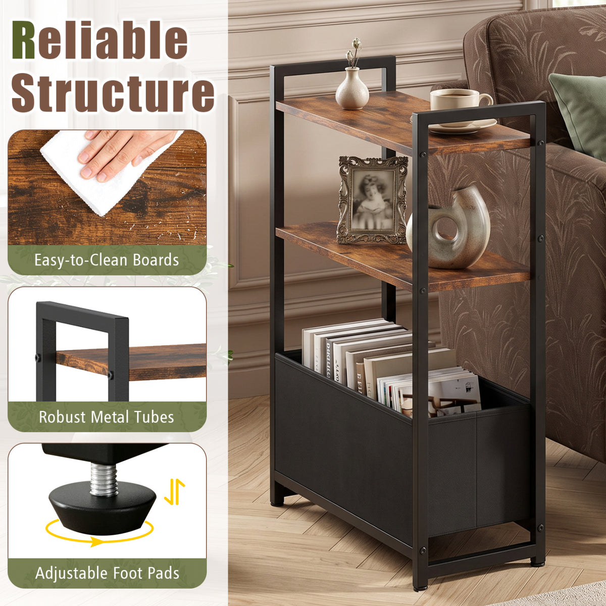 Narrow End Table with Storage Shelves and Metal Frame-Rustic Brown view 9