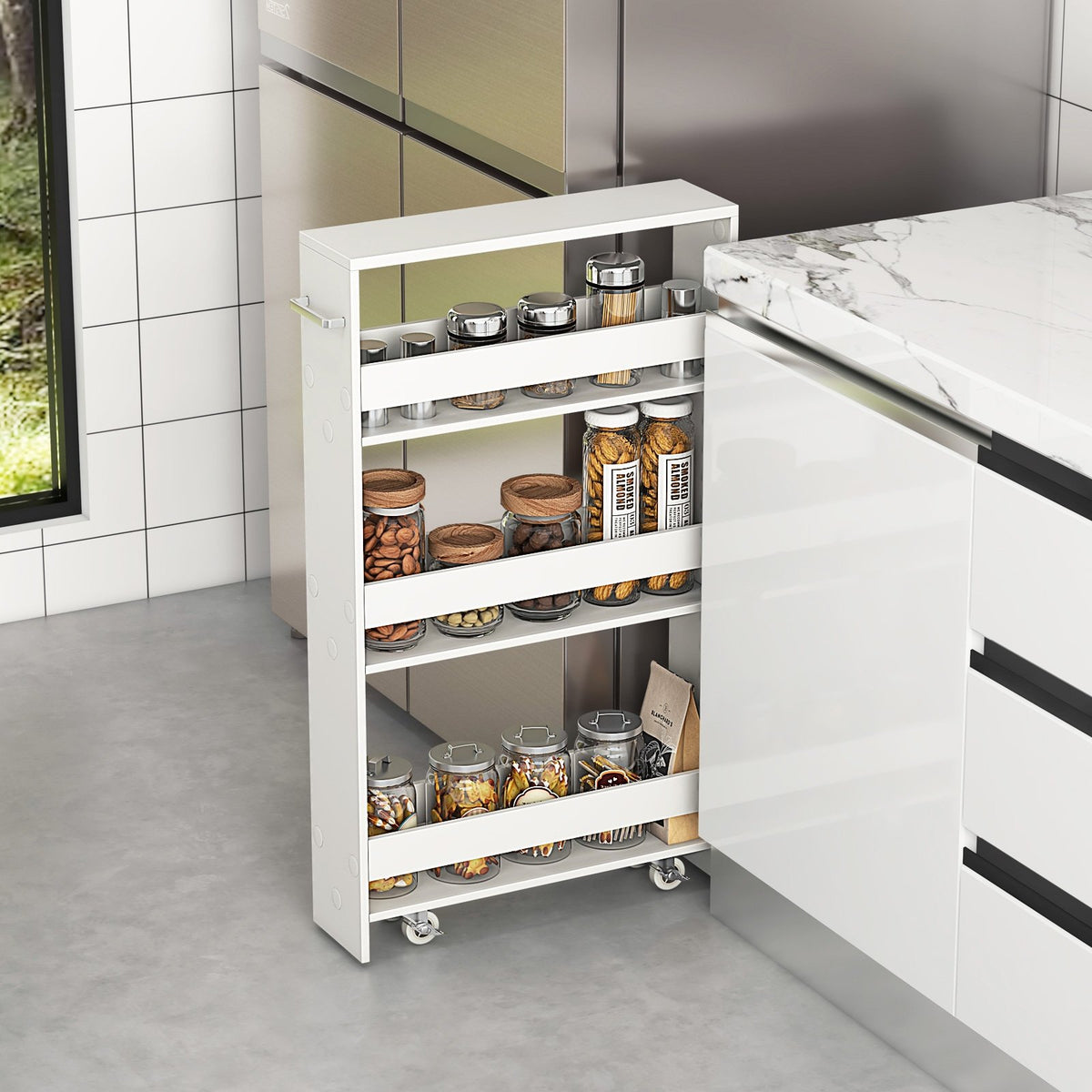 Narrow Mobile Serving Cart with Open Shelves for Kitchen Bathroom Living Room-Off White view 2