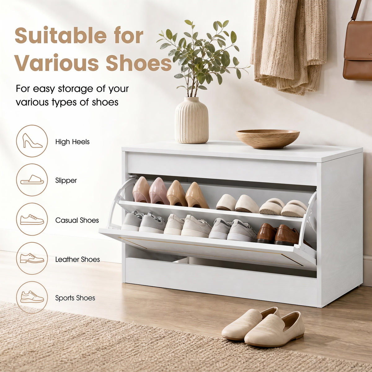 Narrow Shoe Cabinet with 1 Flip Drawer and Adjustable Shelf for Hallway-White view 6