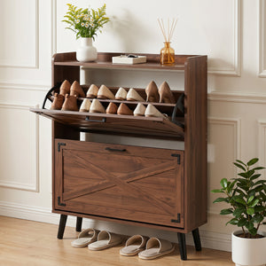 Narrow Shoe Cabinet with Adjustable and Removable Shelves for Entryway-Brown view 2