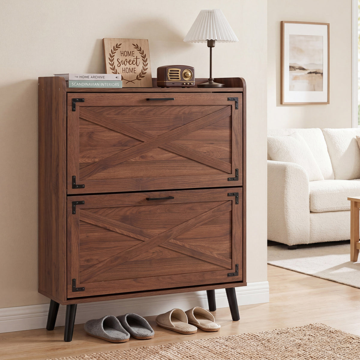 Narrow Shoe Cabinet with Adjustable and Removable Shelves for Entryway-Brown view 3