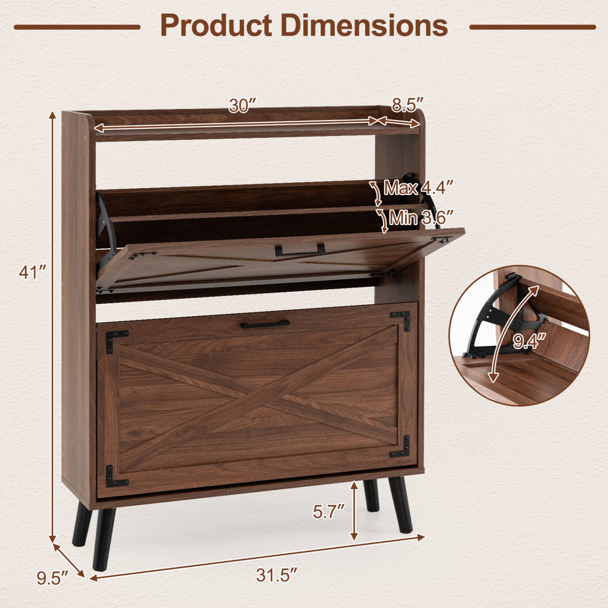 Narrow Shoe Cabinet with Adjustable and Removable Shelves for Entryway-Brown view 5