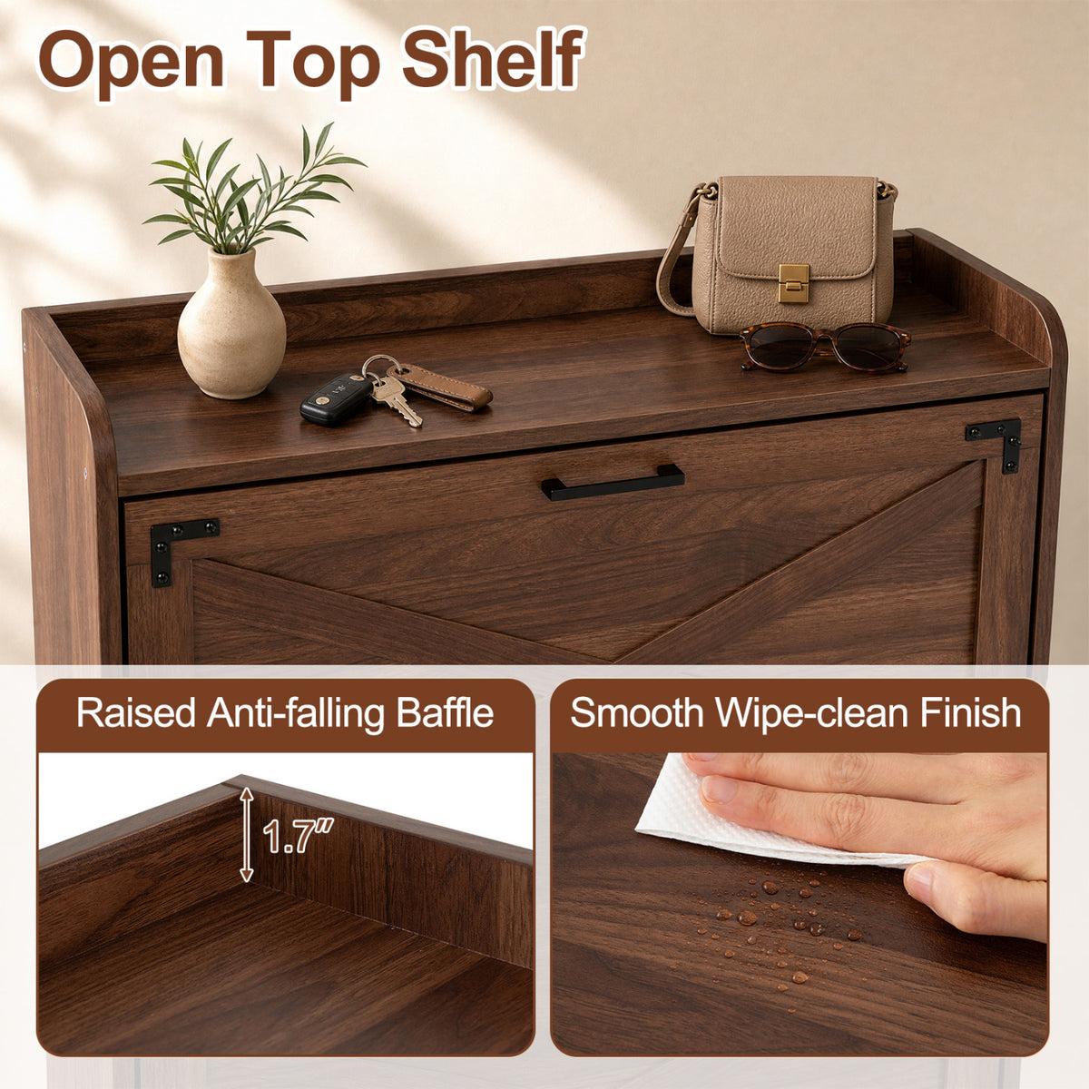 Narrow Shoe Cabinet with Adjustable and Removable Shelves for Entryway-Brown view 7