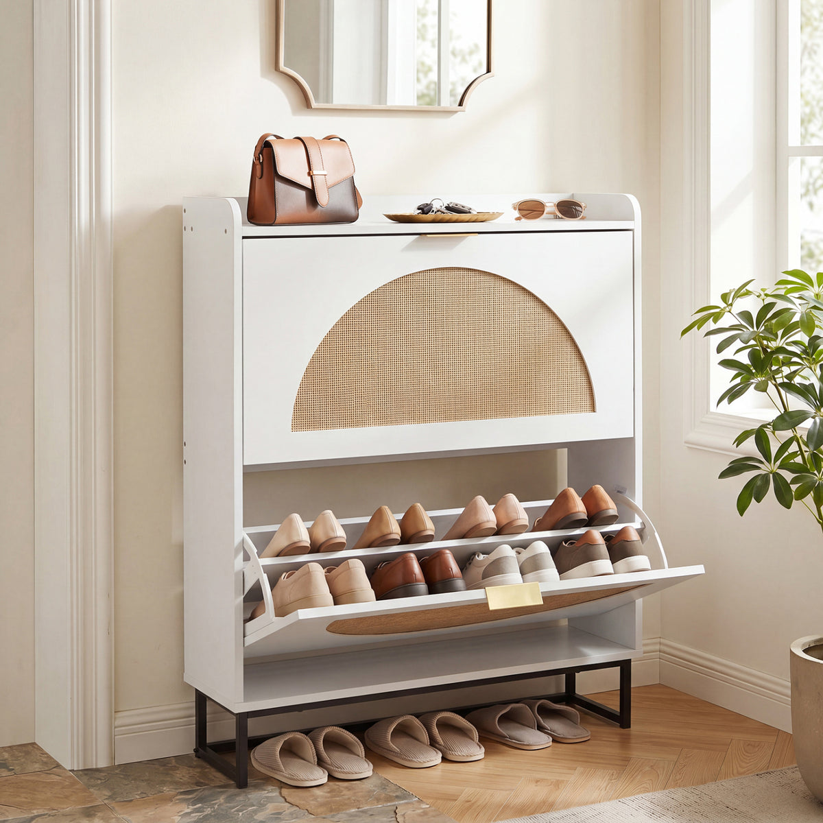 Narrow Shoe Storage Cabinet with 2 Flip Drawers and Adjustable Shelves-White view 3