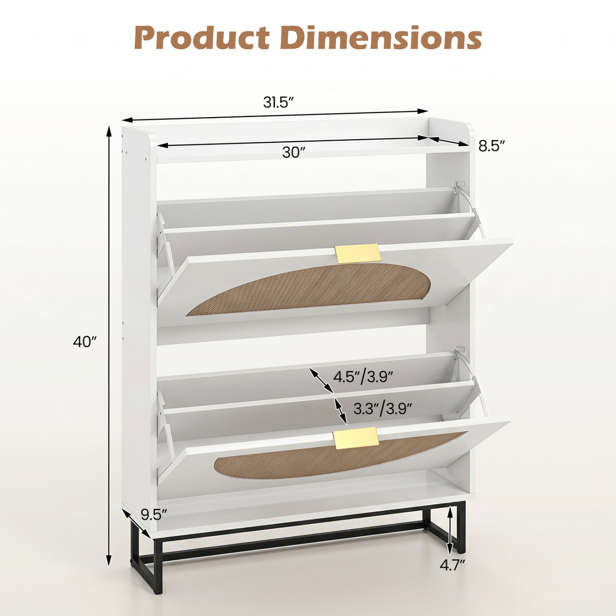 Narrow Shoe Storage Cabinet with 2 Flip Drawers and Adjustable Shelves-White view 4