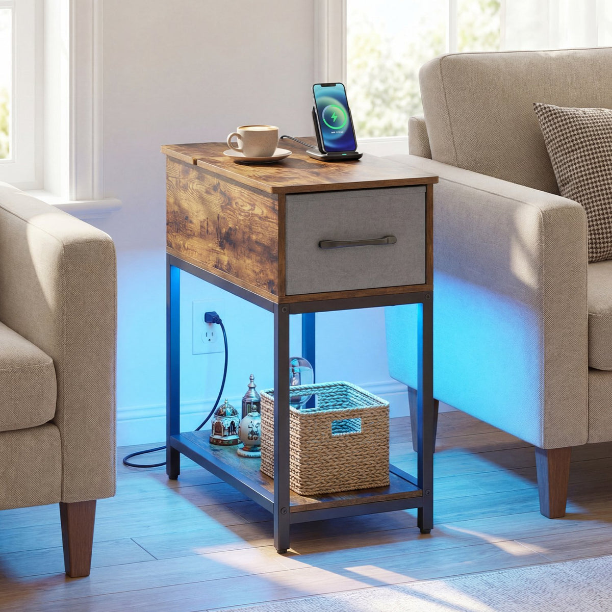 Narrow Side Table with Charging Station and LED Lights Industrial End Table-Brown view 2