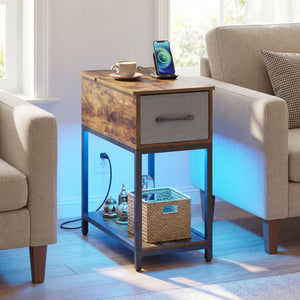 Narrow Side Table with Charging Station and LED Lights Industrial End Table-Brown view 2