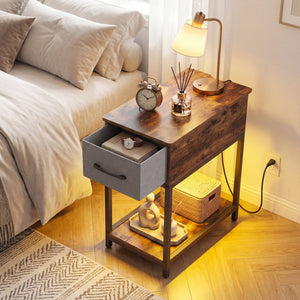 Narrow Side Table with Charging Station and LED Lights Industrial End Table-Brown view 3