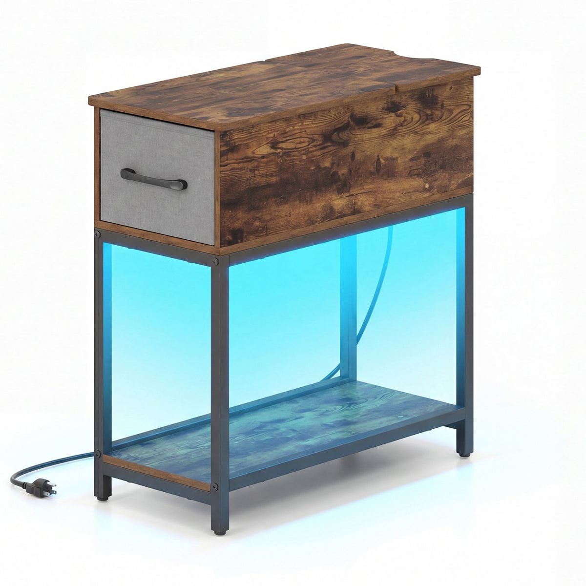 Narrow Side Table with Charging Station and LED Lights Industrial End Table-Brown view 4