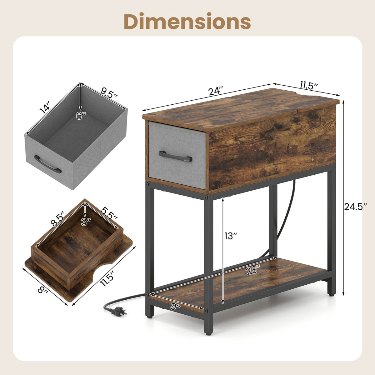 Narrow Side Table with Charging Station and LED Lights Industrial End Table-Brown view 5