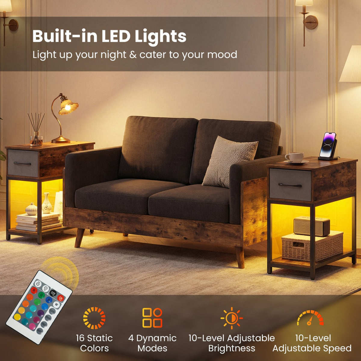 Narrow Side Table with Charging Station and LED Lights Industrial End Table-Brown view 6