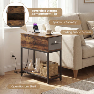 Narrow Side Table with Charging Station and LED Lights Industrial End Table-Brown view 8