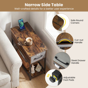 Narrow Side Table with Charging Station and LED Lights Industrial End Table-Brown view 9