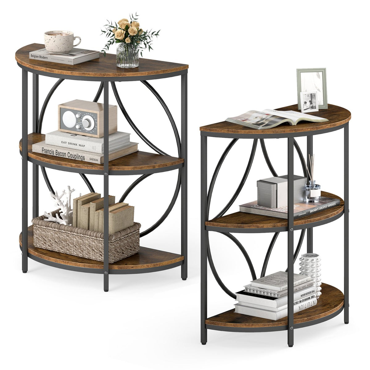 Narrow Side Table with Study Metal Frame and Storage Shelves-Rustic Brown view 4