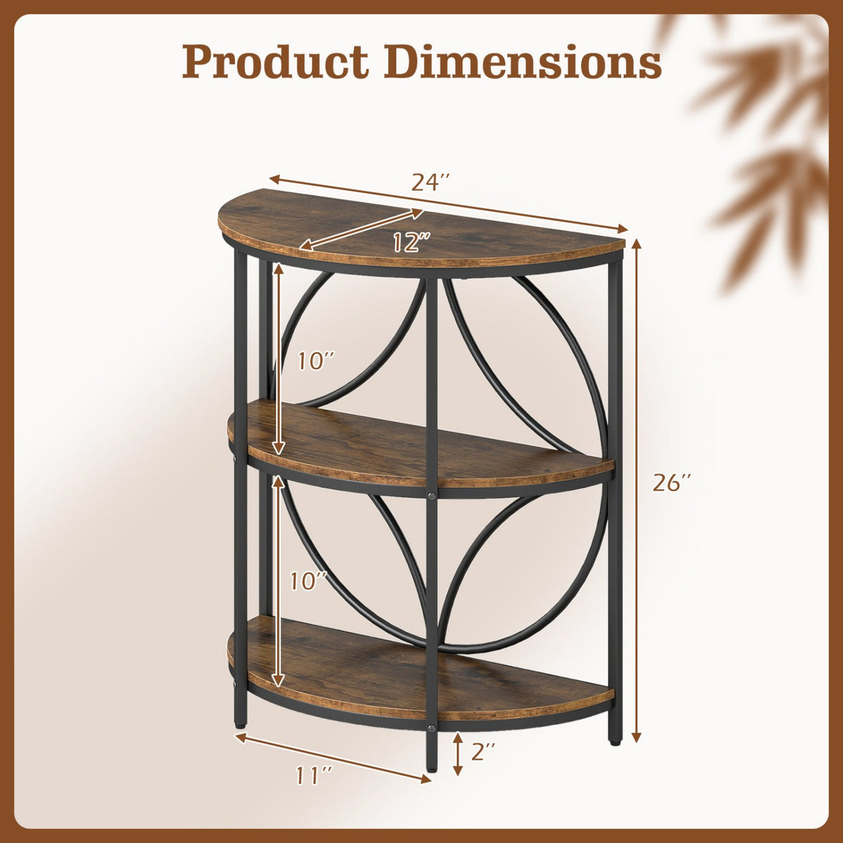 Narrow Side Table with Study Metal Frame and Storage Shelves-Rustic Brown view 5