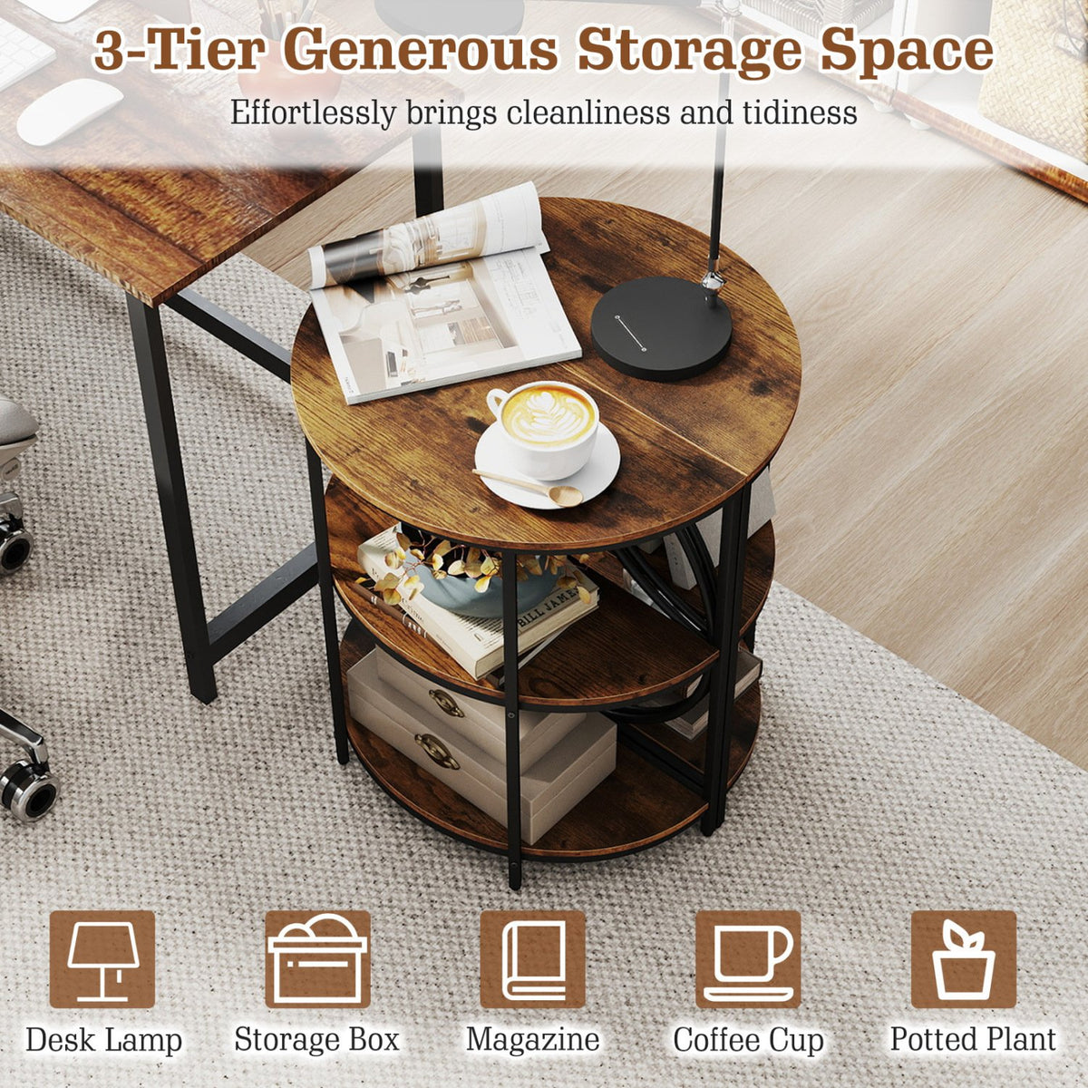 Narrow Side Table with Study Metal Frame and Storage Shelves-Rustic Brown view 8