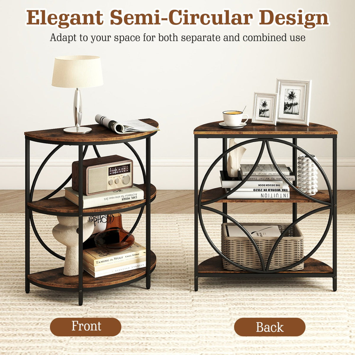 Narrow Side Table with Study Metal Frame and Storage Shelves-Rustic Brown view 9