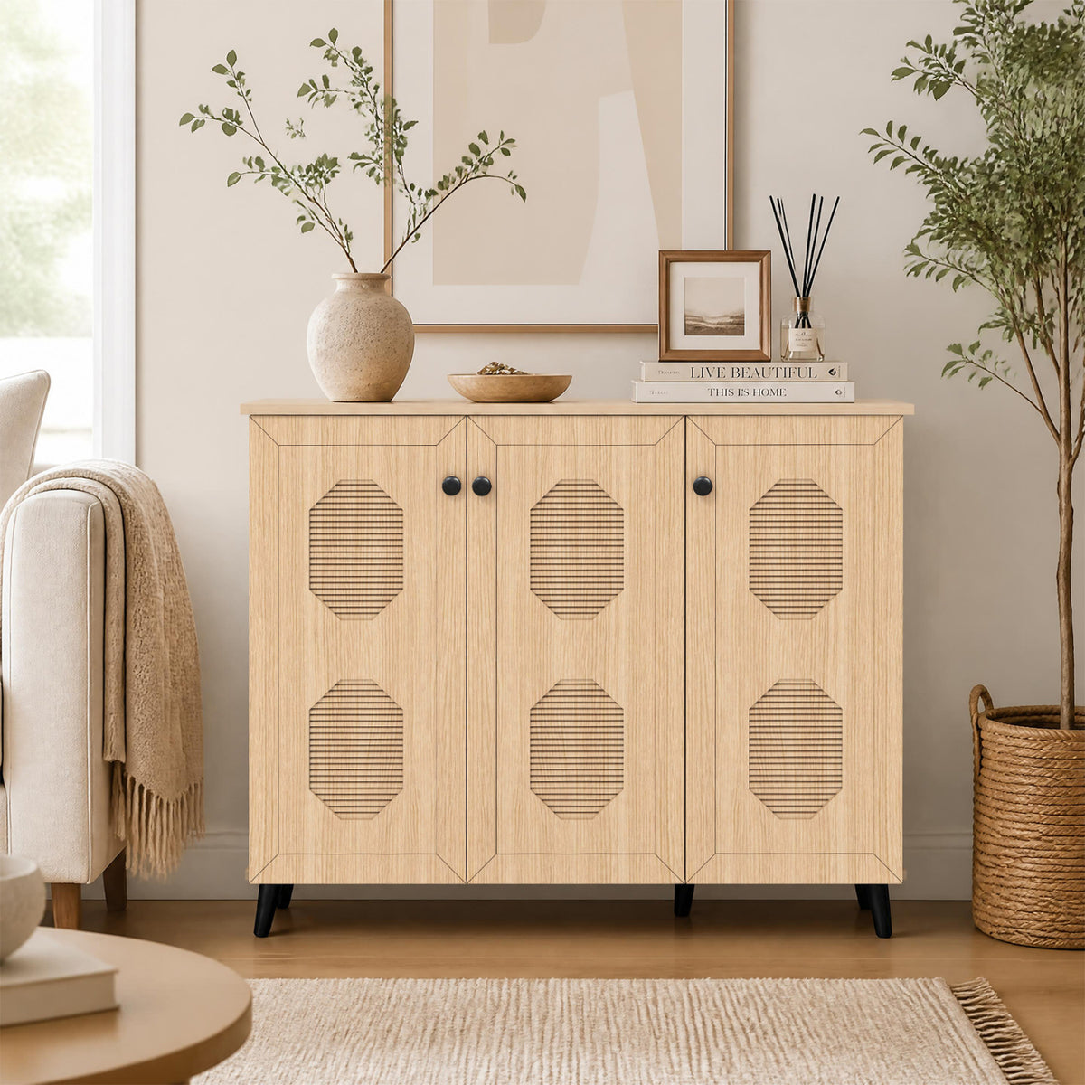 Natural Shoe Cabinet with 3 Doors Freestanding Closed Footwear Storage Unit for Entryway Hallway-Natural view 3