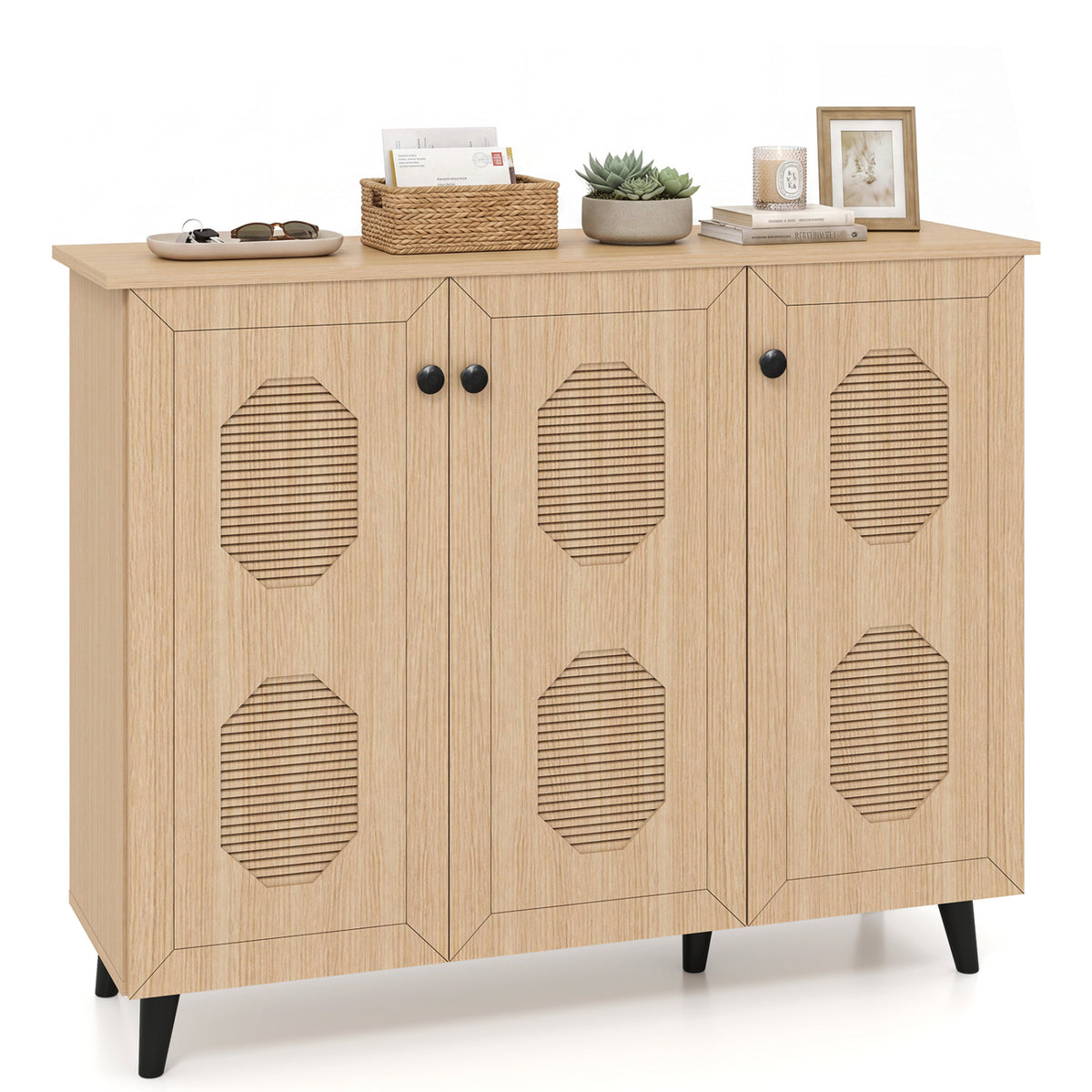 Natural Shoe Cabinet with 3 Doors Freestanding Closed Footwear Storage Unit for Entryway Hallway-Natural view 4