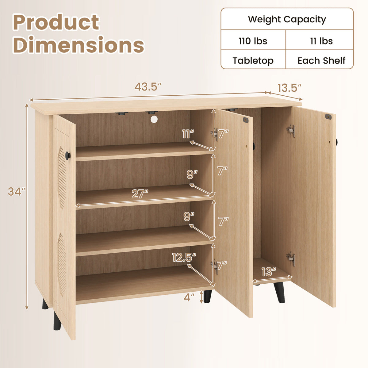 Natural Shoe Cabinet with 3 Doors Freestanding Closed Footwear Storage Unit for Entryway Hallway-Natural view 5