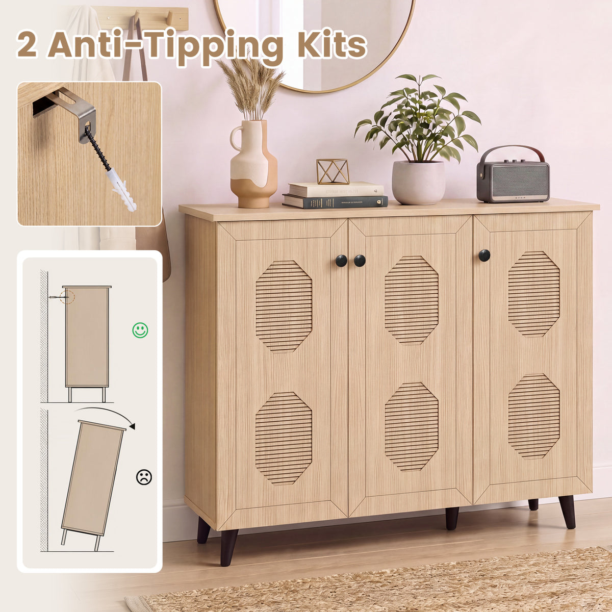 Natural Shoe Cabinet with 3 Doors Freestanding Closed Footwear Storage Unit for Entryway Hallway-Natural view 8