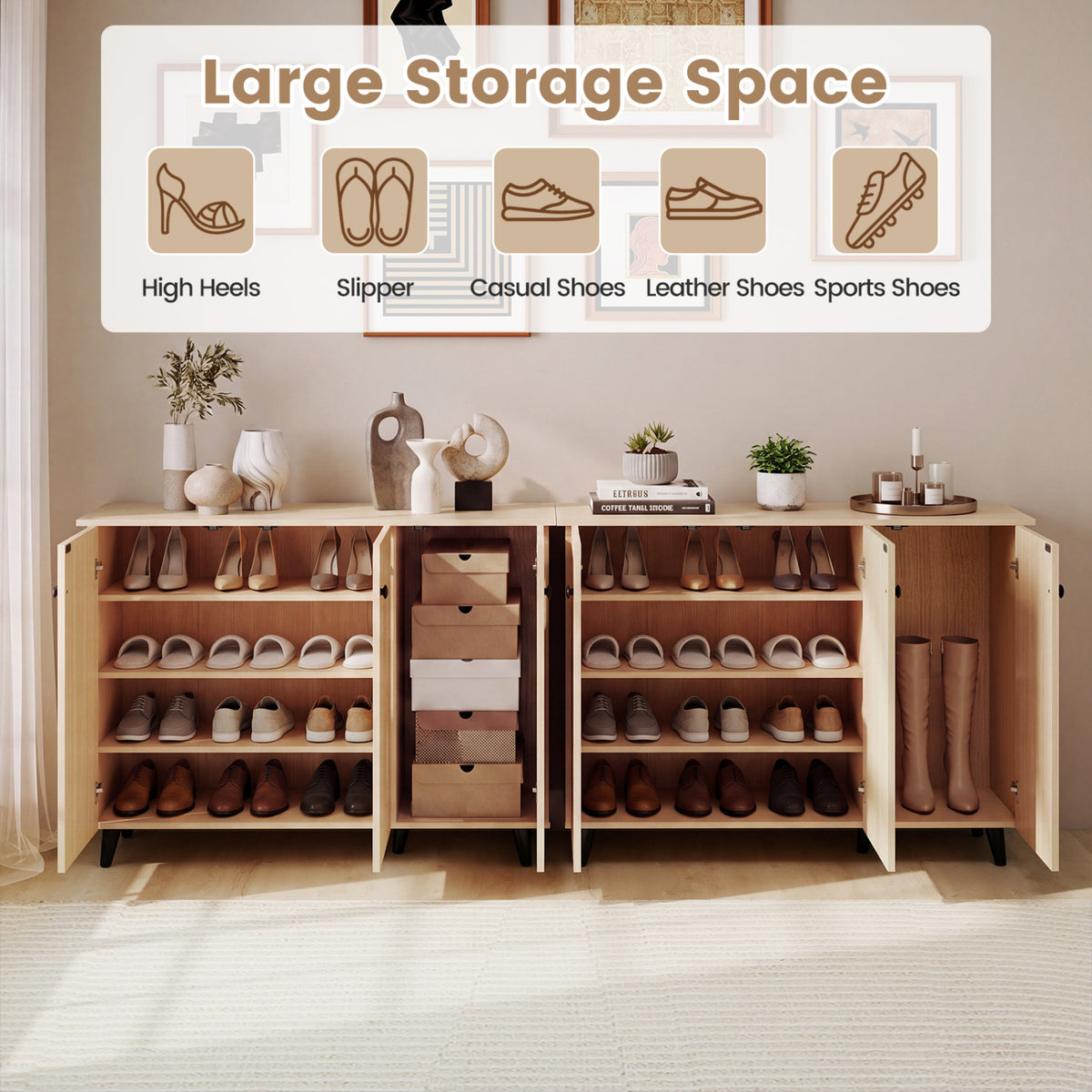 Natural Shoe Cabinet with 3 Doors Freestanding Closed Footwear Storage Unit for Entryway Hallway-Natural view 9