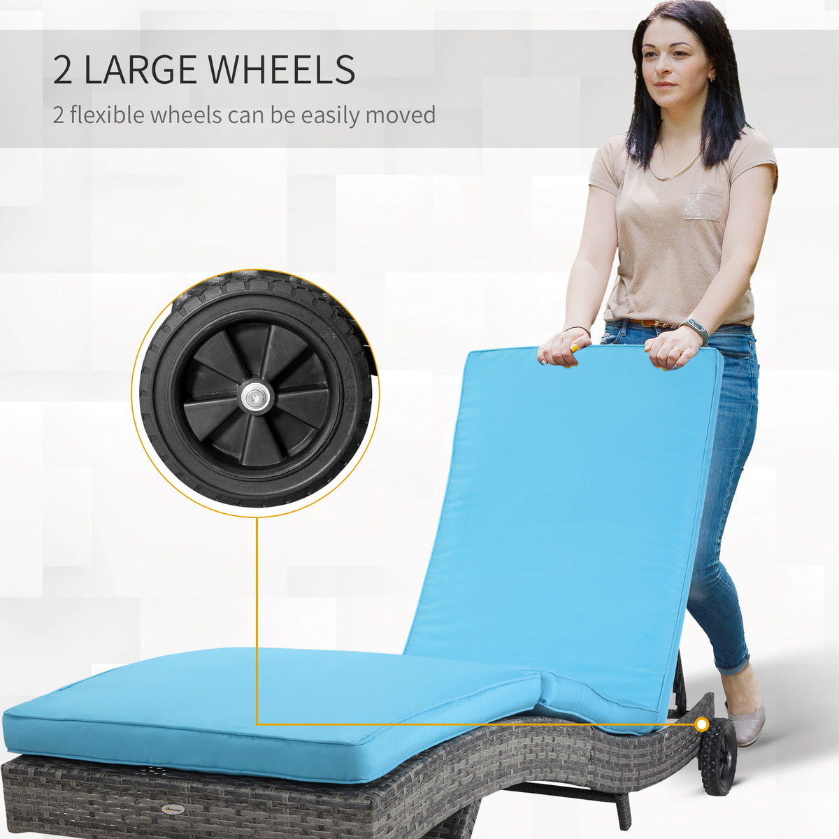Outdoor Adjustable Wicker Chaise Lounge Chair with Cushion & Wheels for Patio, Deck, Poolside, Sky Blue