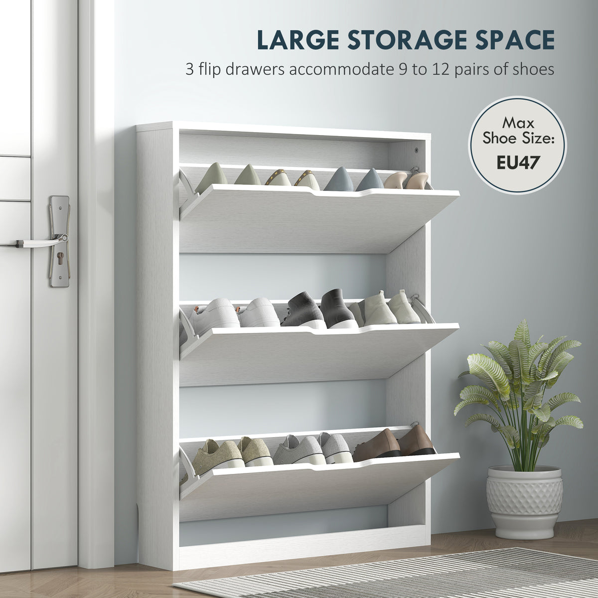 Narrow Shoe Storage Cabinet, Shoe Cabinet with 3 Flip Drawers, 31.5" W x 6.7" D x 42.5" H, White