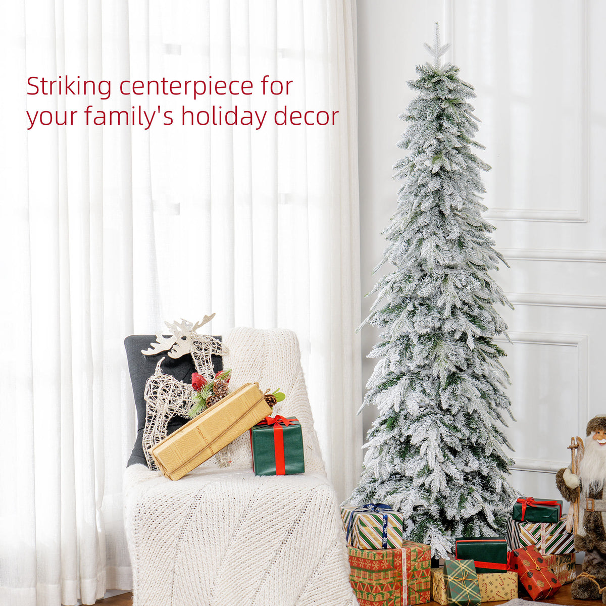 6ft Pencil Flocked Artificial Christmas Tree with 600 Branch Tips, Auto Open and Steel Base, Green – view 3
