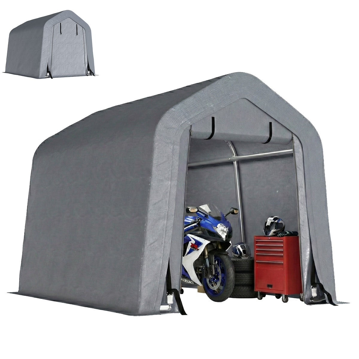 8' x 6' Carport with Sidewalls and Roll-up Door, Outdoor Storage Shelter for Motorcycle and Car, Grey – view 15