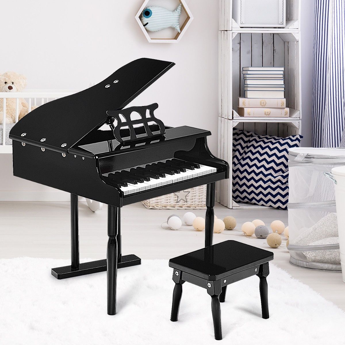 Musical Instrument Toy 30-Key Children Mini Grand Piano with Bench-Black view 2