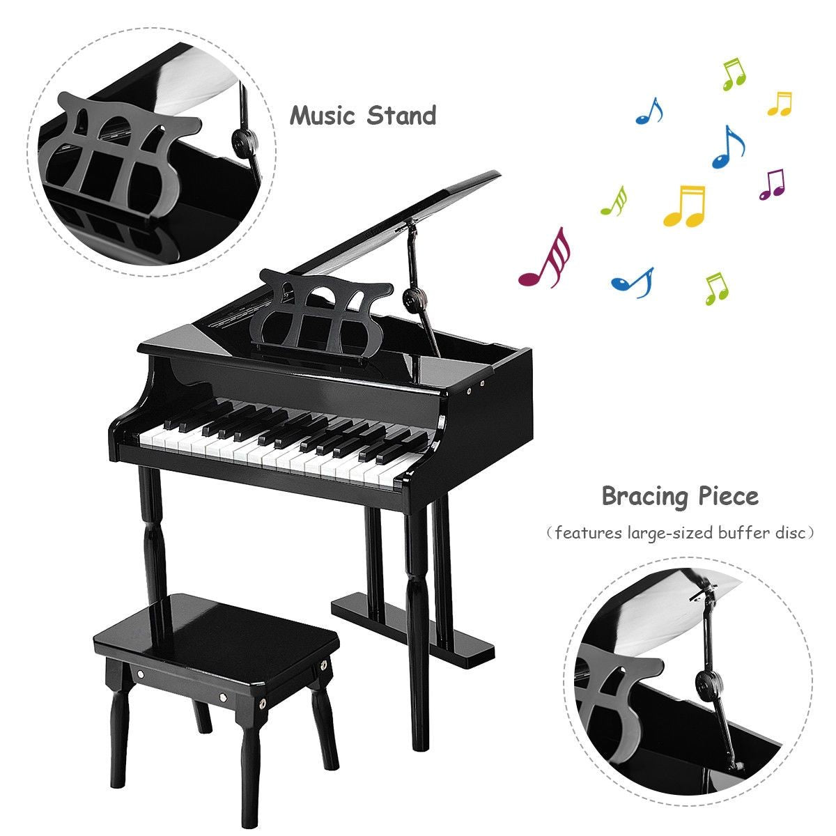 Musical Instrument Toy 30-Key Children Mini Grand Piano with Bench-Black view 6