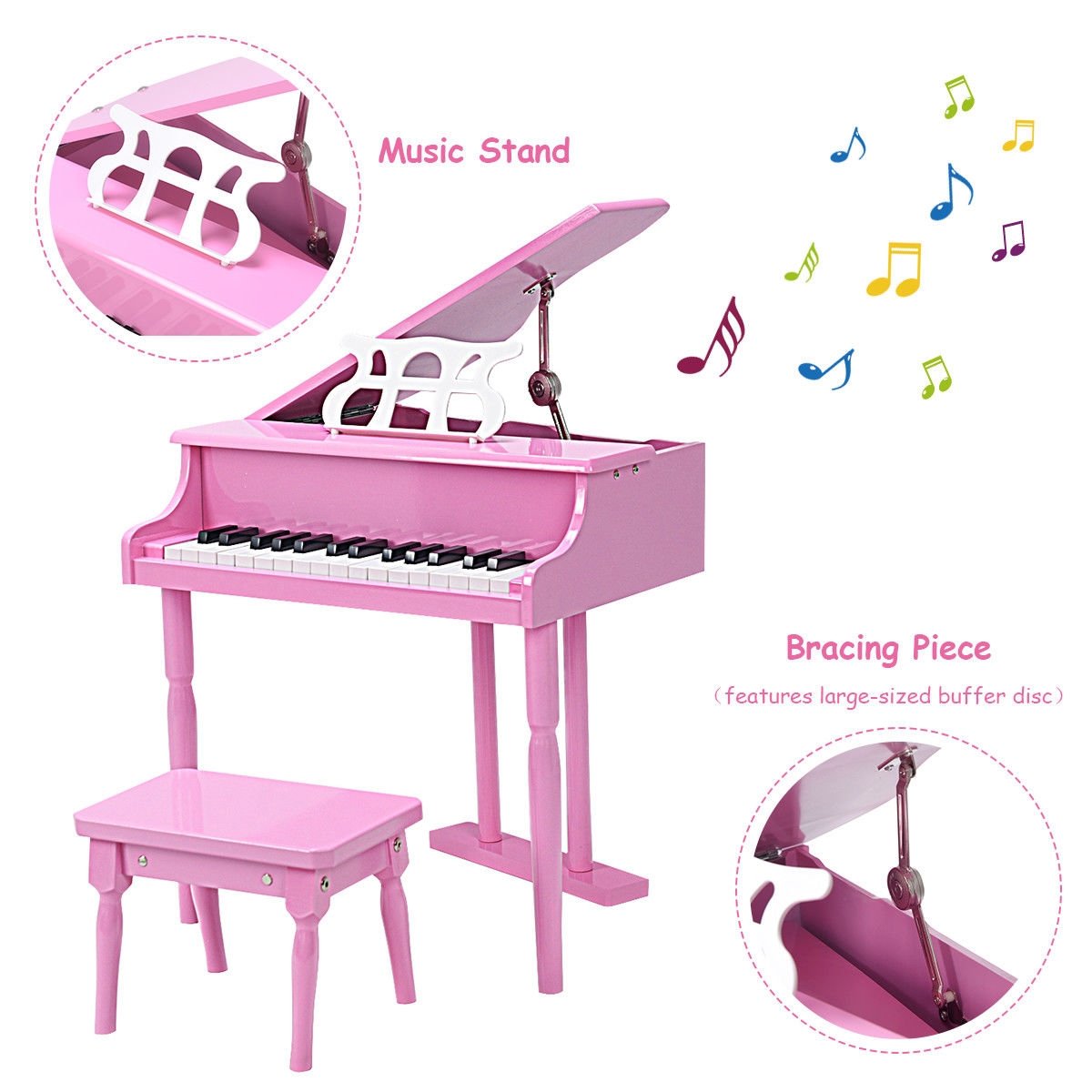 Musical Instrument Toy 30-Key Children Mini Grand Piano with Bench-Pink view 8