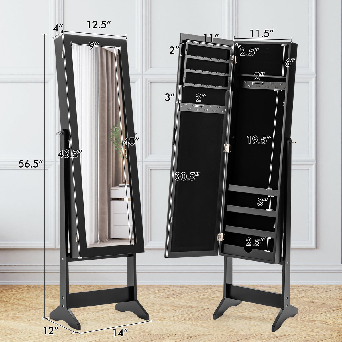 New Mirrored Jewelry Cabinet Armoire Mirror Organizer Storage Box Ring w/ Stand-Black view 3