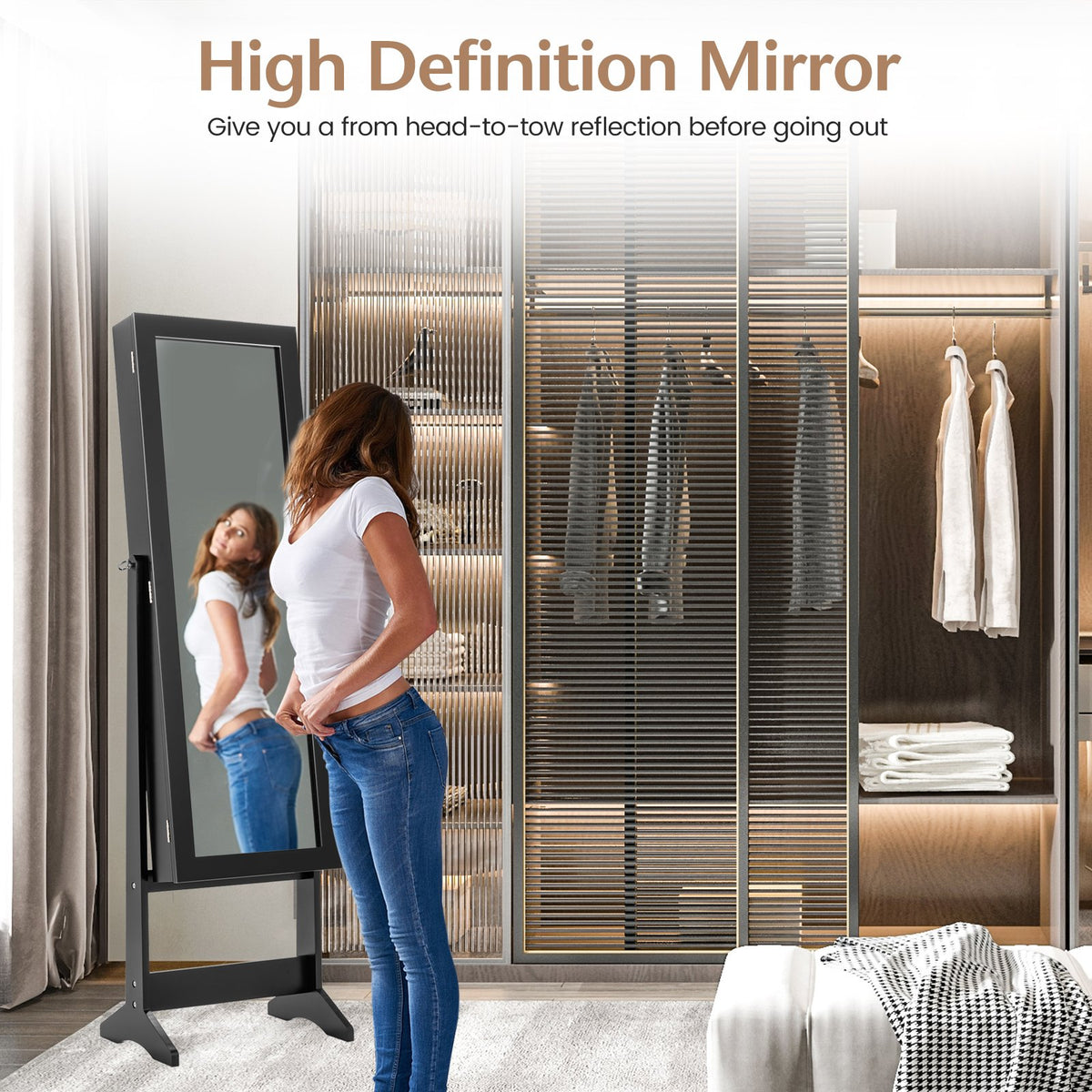 New Mirrored Jewelry Cabinet Armoire Mirror Organizer Storage Box Ring w/ Stand-Black view 6