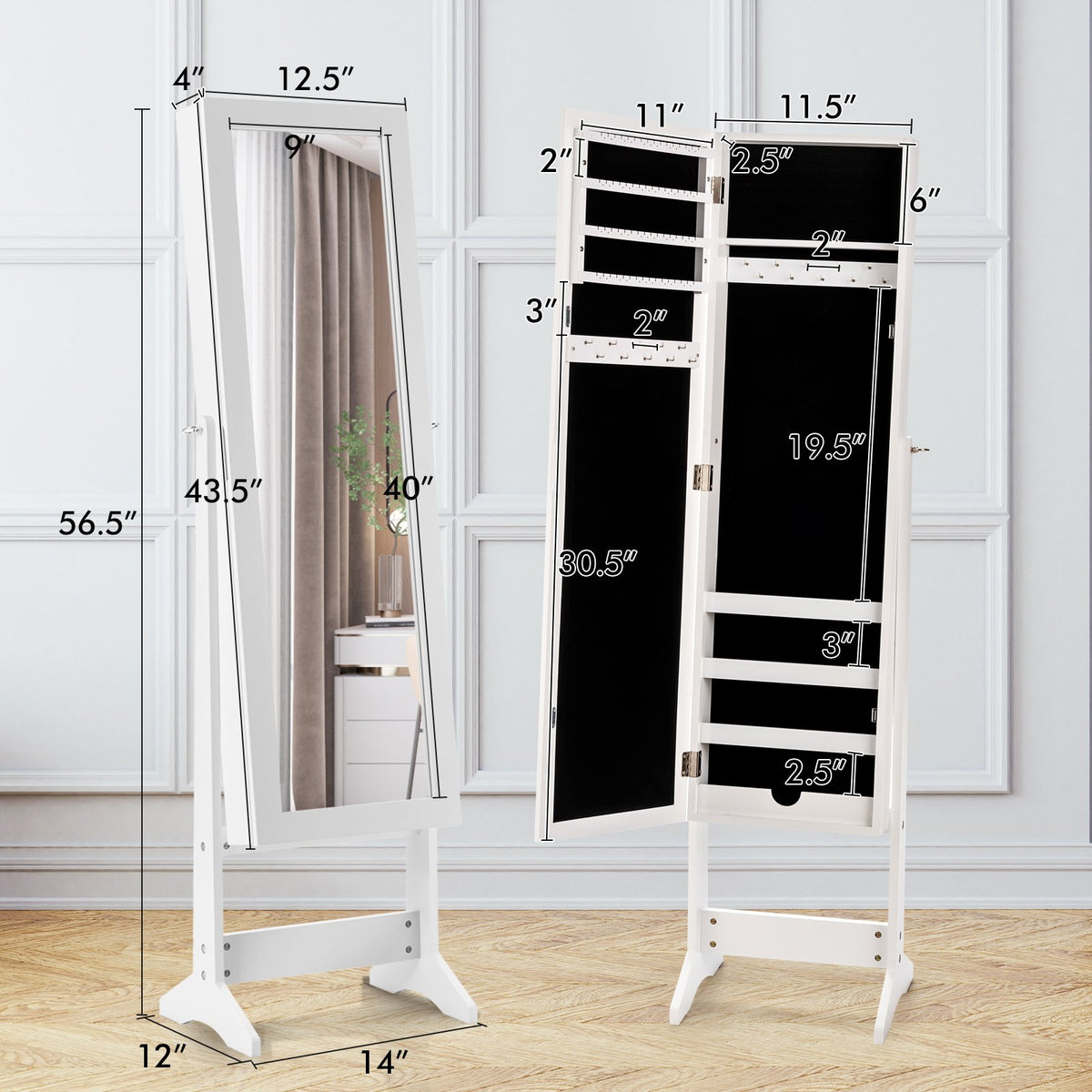 New Mirrored Jewelry Cabinet Armoire Mirror Organizer Storage Box Ring w/ Stand-White view 3